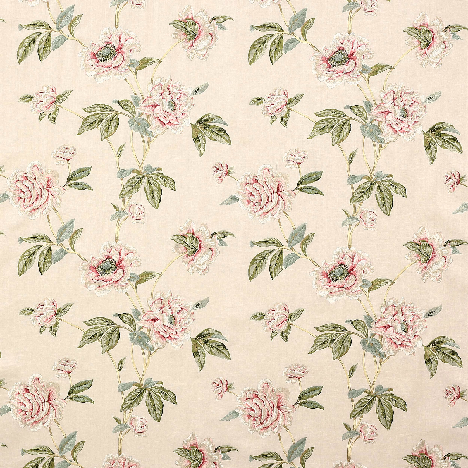 Cream floral fabric with blush pink roses and sage green leaves