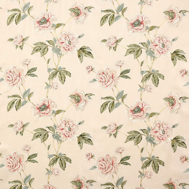 Cream floral fabric with blush pink roses and sage green leaves