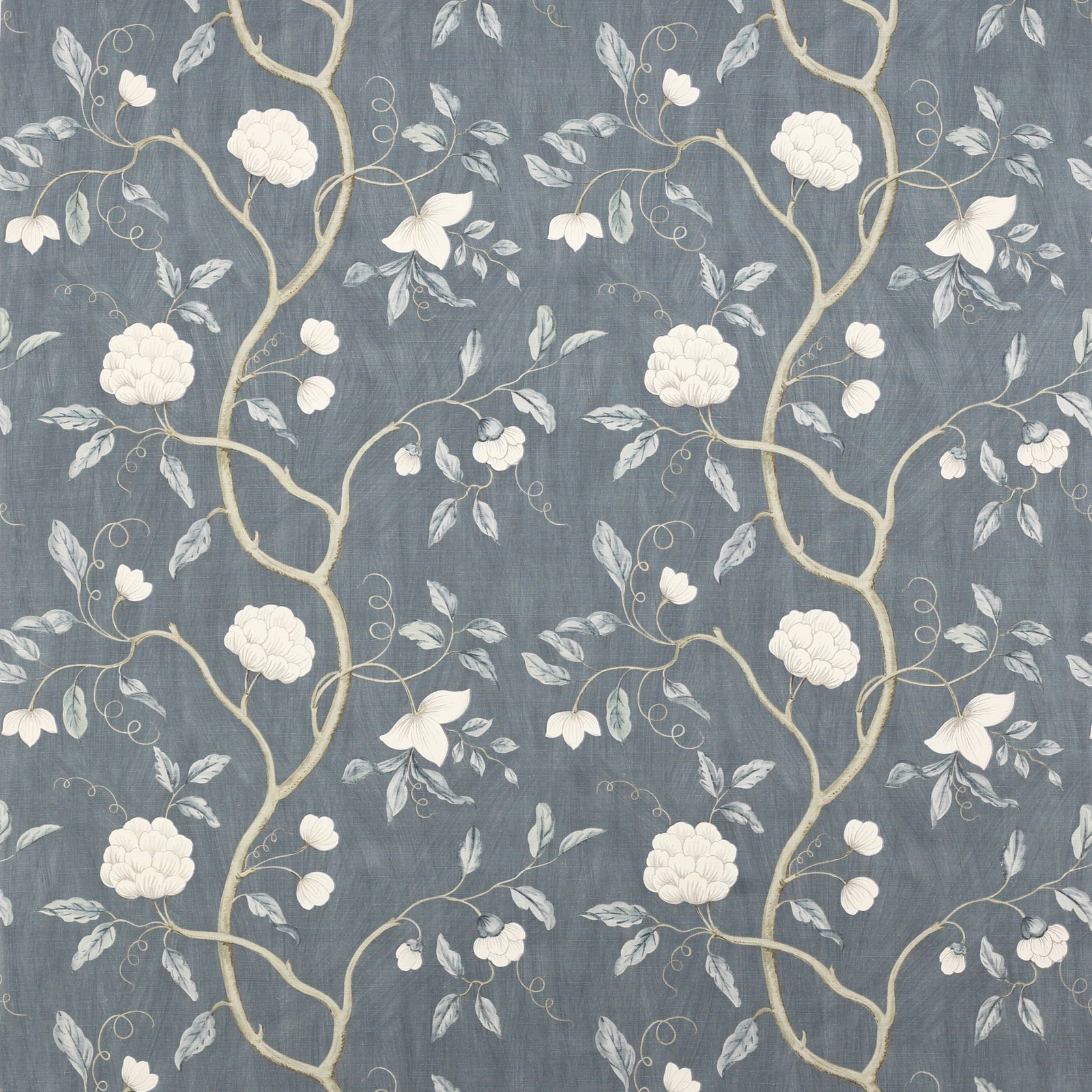 Muted blue linen fabric with cream floral tree and leaf motif