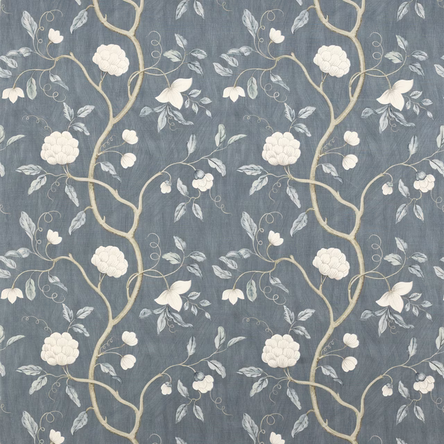 Muted blue linen fabric with cream floral tree and leaf motif