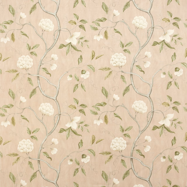 Large-scale floral tree print on soft dusty pink linen