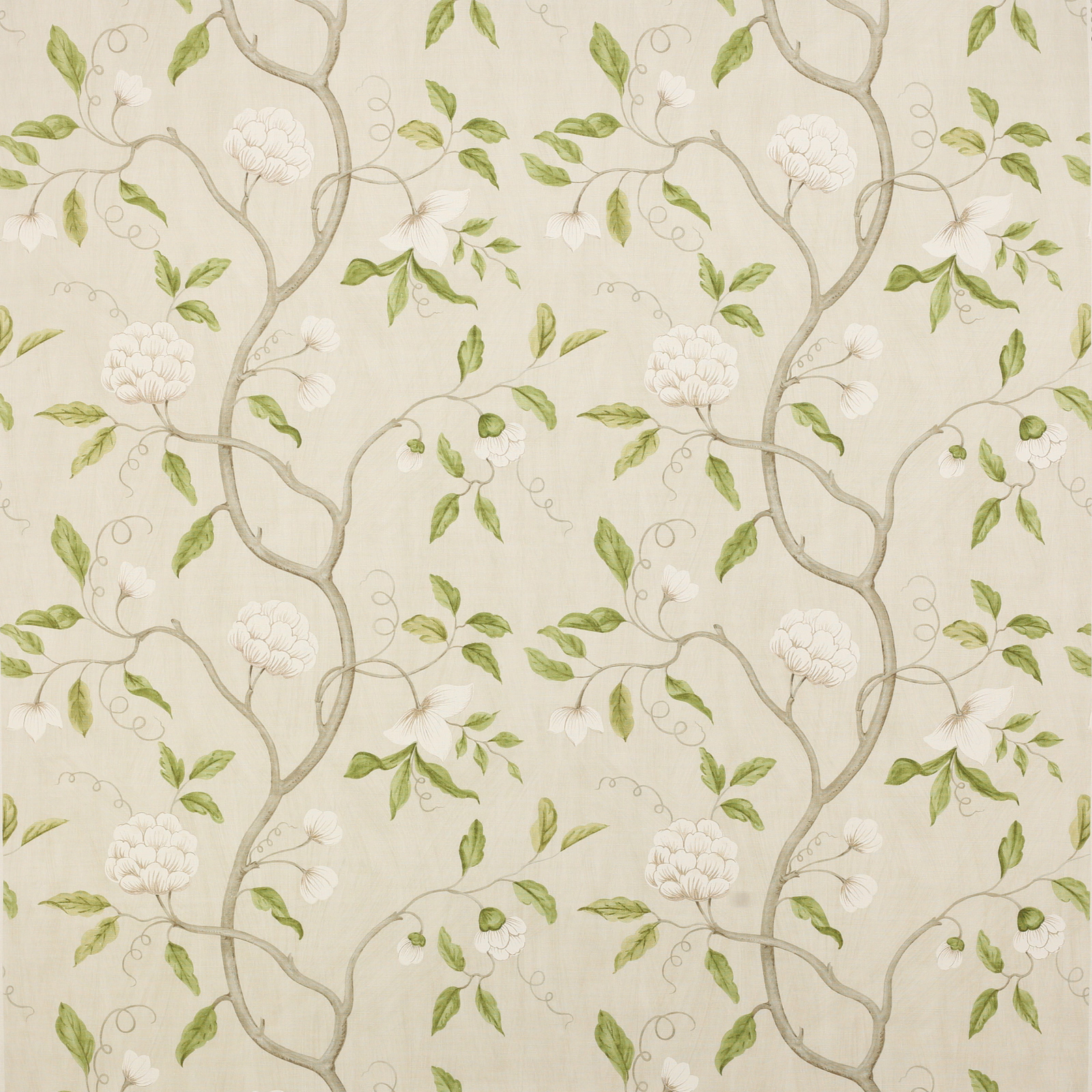 Cream linen fabric with silver branches and sage green botanical motif