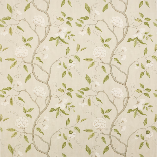 Cream linen fabric with silver branches and sage green botanical motif