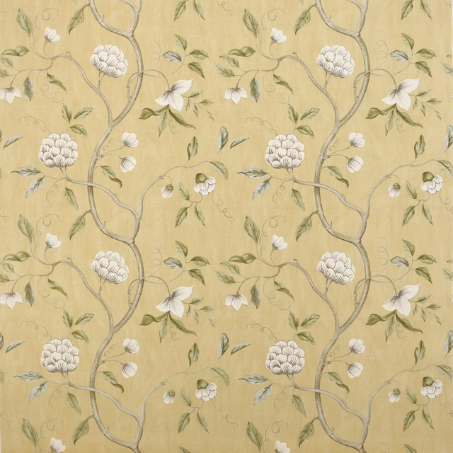 Soft yellow linen fabric with trailing floral branches and white blossoms