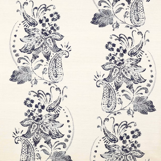 Navy floral paisley motif on a pale ivory woven fabric swatch