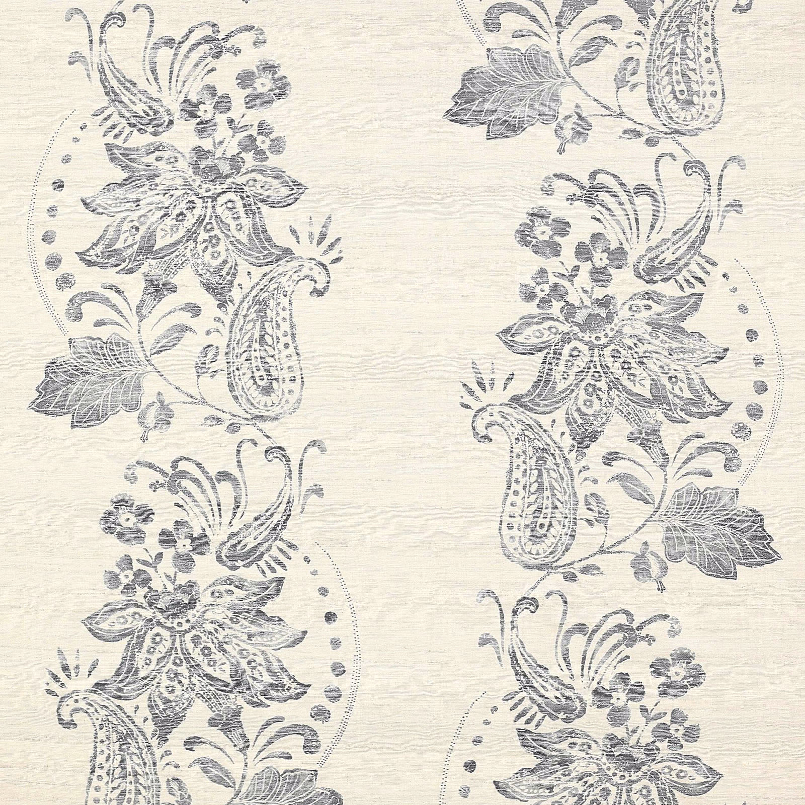 Ivory fabric swatch with large floral and paisley motif in soft blue-grey