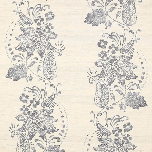 Ivory fabric swatch with large floral and paisley motif in soft blue-grey