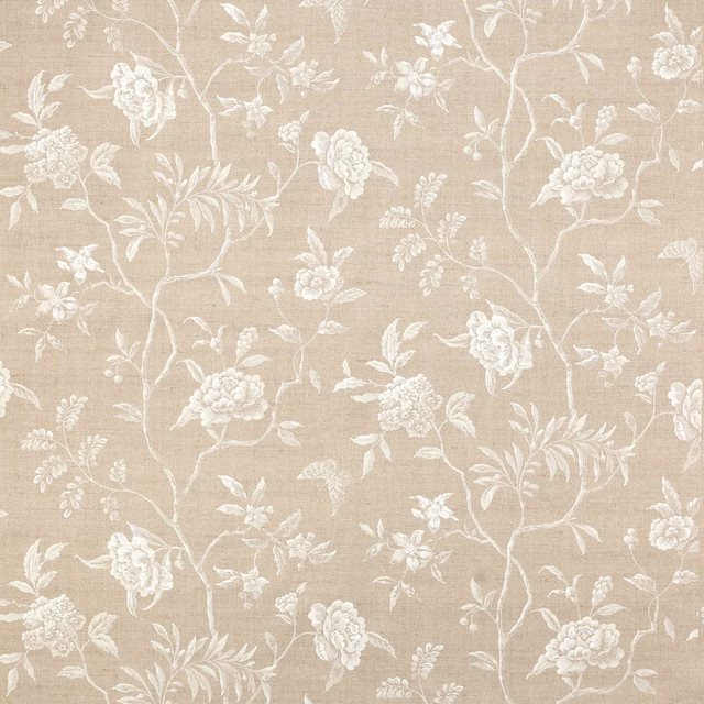 Beige botanical fabric with trailing pale ivory floral branches on a linen-textured ground
