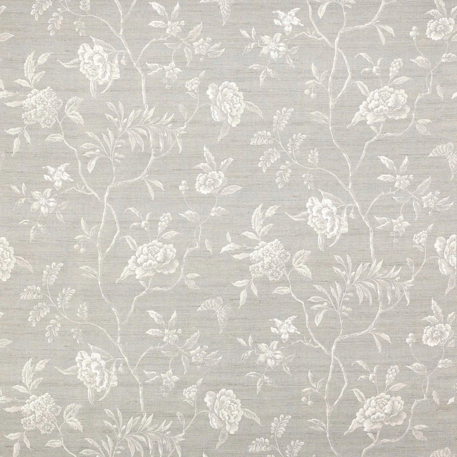 Pale floral vine pattern on a soft blue-grey slub woven fabric swatch