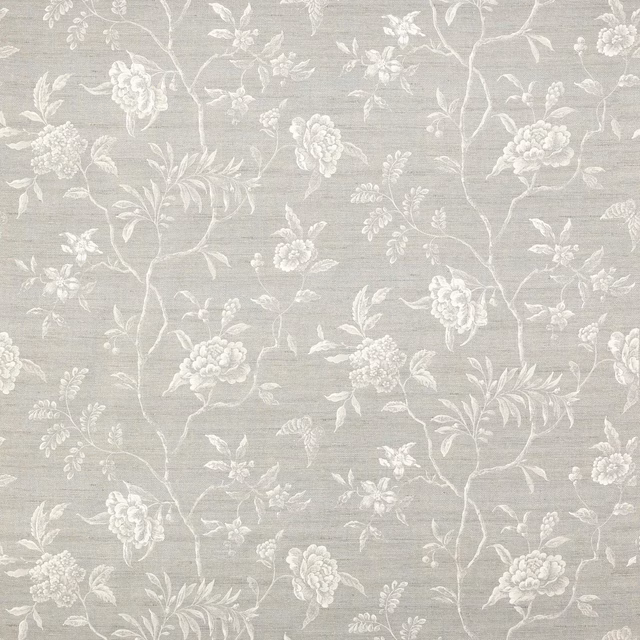 Pale floral vine pattern on a soft blue-grey slub woven fabric swatch