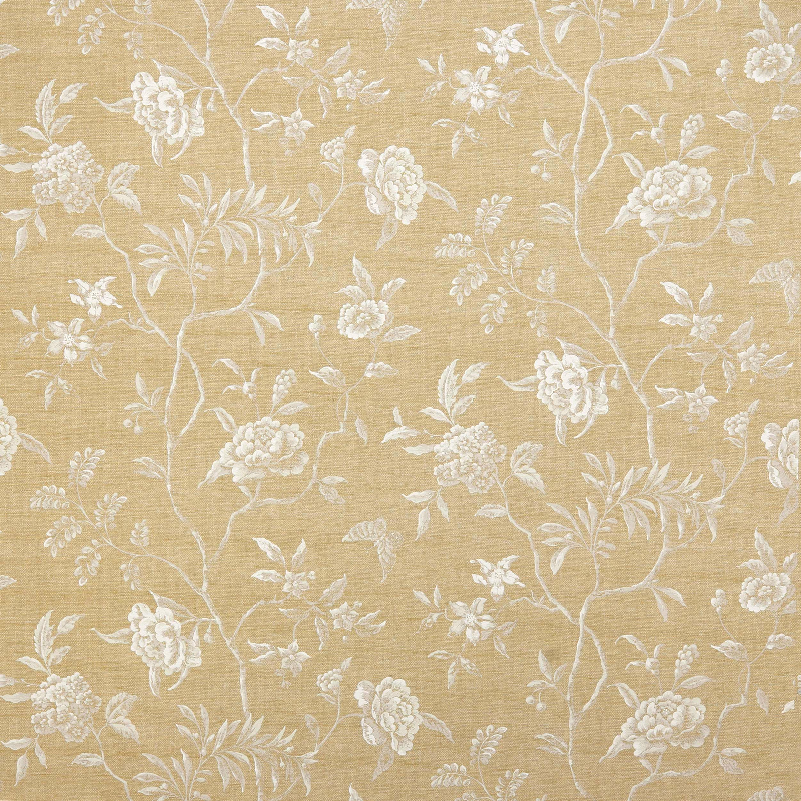 Soft wheat-yellow floral fabric with ivory trailing branches and blossoms