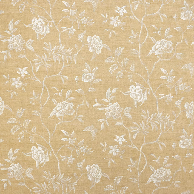 Soft wheat-yellow floral fabric with ivory trailing branches and blossoms