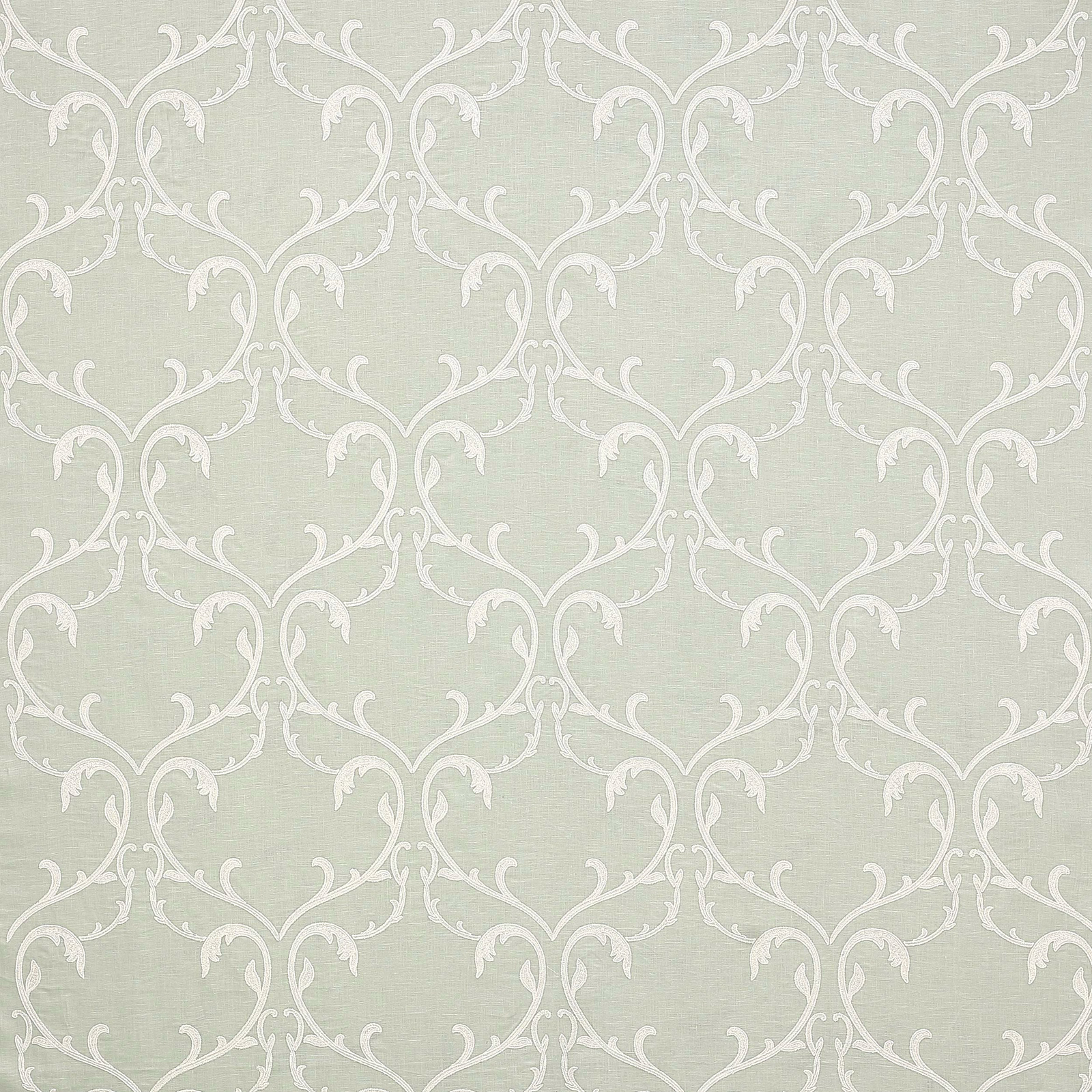 Pale aqua damask fabric with creamy scrolling vine pattern and soft sheen