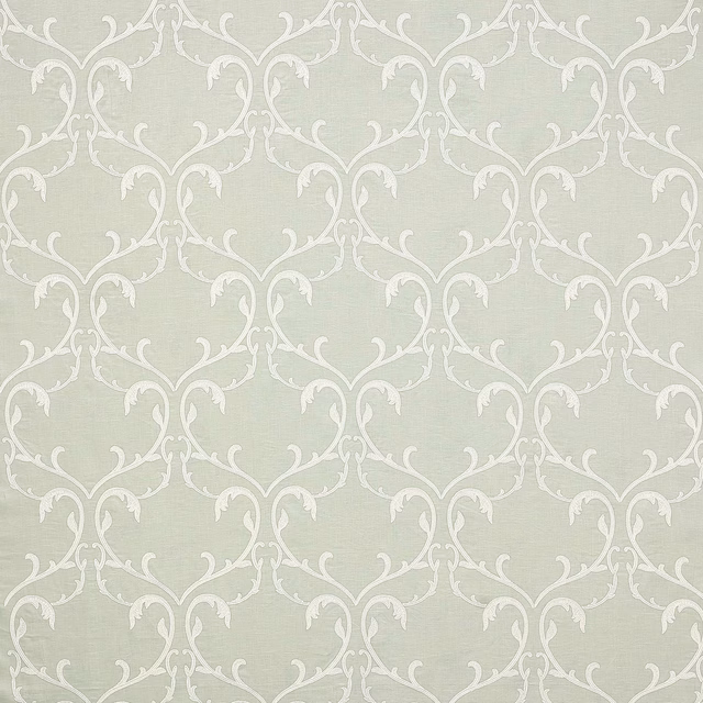 Pale aqua damask fabric with creamy scrolling vine pattern and soft sheen