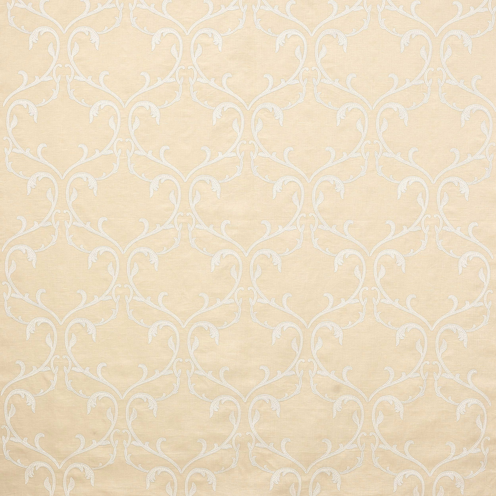 Creamy beige damask fabric with scrolling ivory pattern and subtle woven sheen