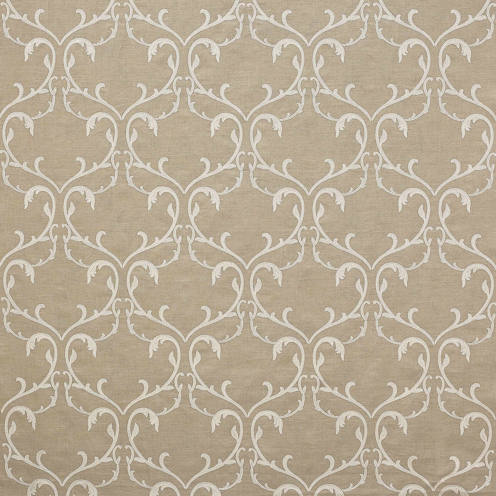 Warm beige damask fabric with ivory scrolling vine motif and linen texture