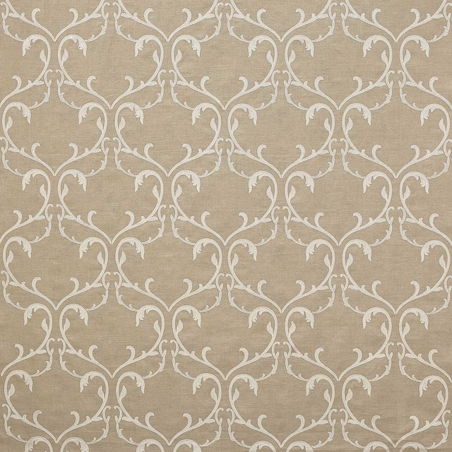 Warm beige damask fabric with ivory scrolling vine motif and linen texture