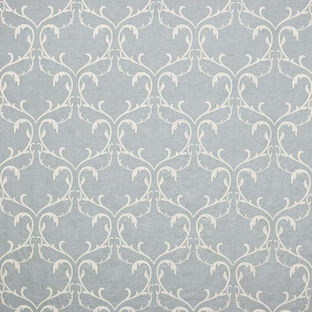 Pale old blue damask fabric with ivory scrolling vine motif and woven texture