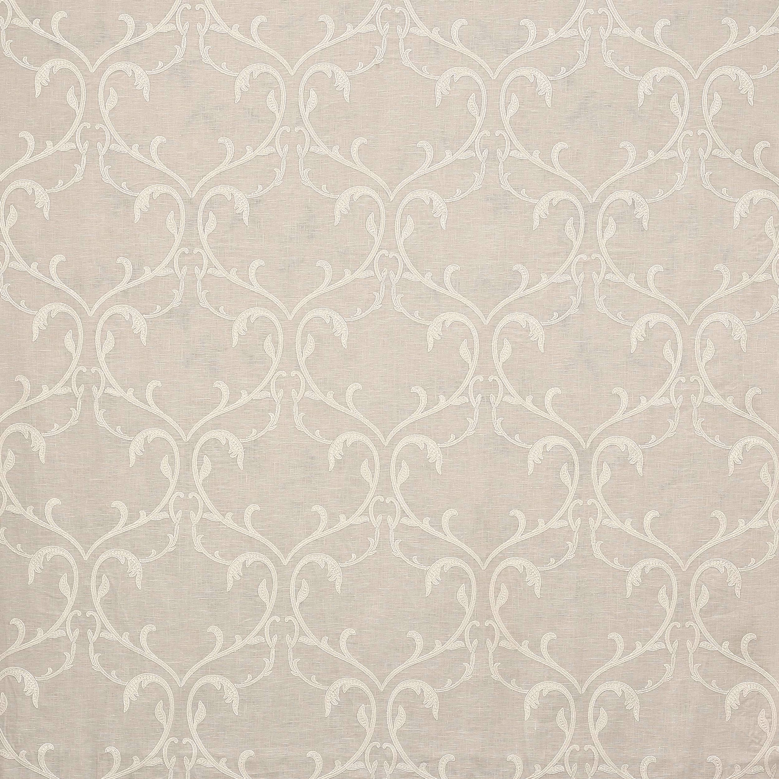 Pearl cream damask fabric with scrolling ivory motif on a linen-look ground