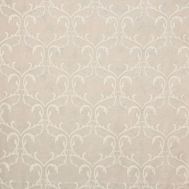 Pearl cream damask fabric with scrolling ivory motif on a linen-look ground