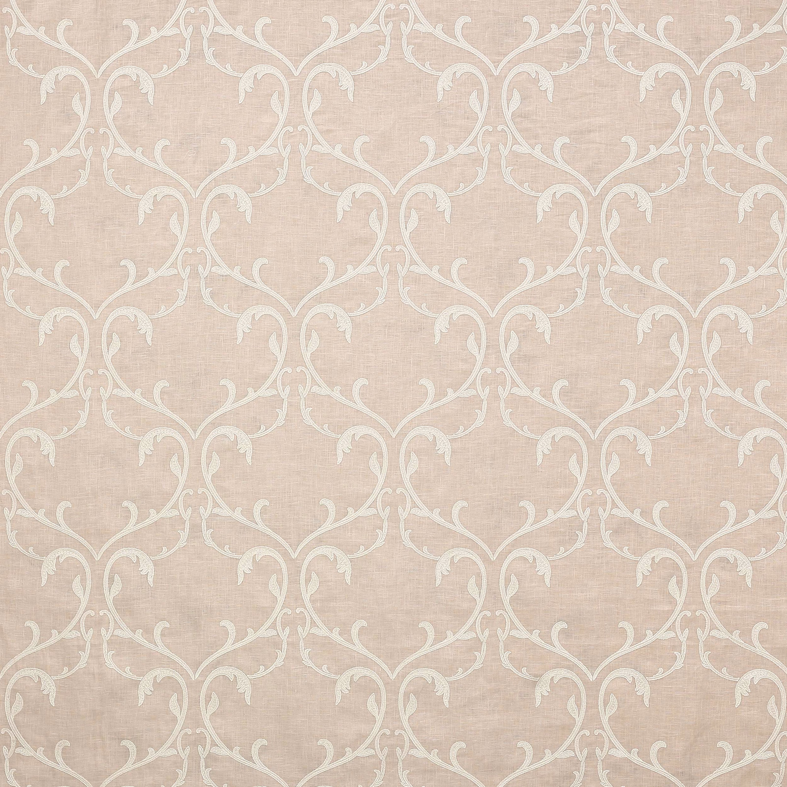 Soft blush pink damask fabric with pale scrolling vine motif