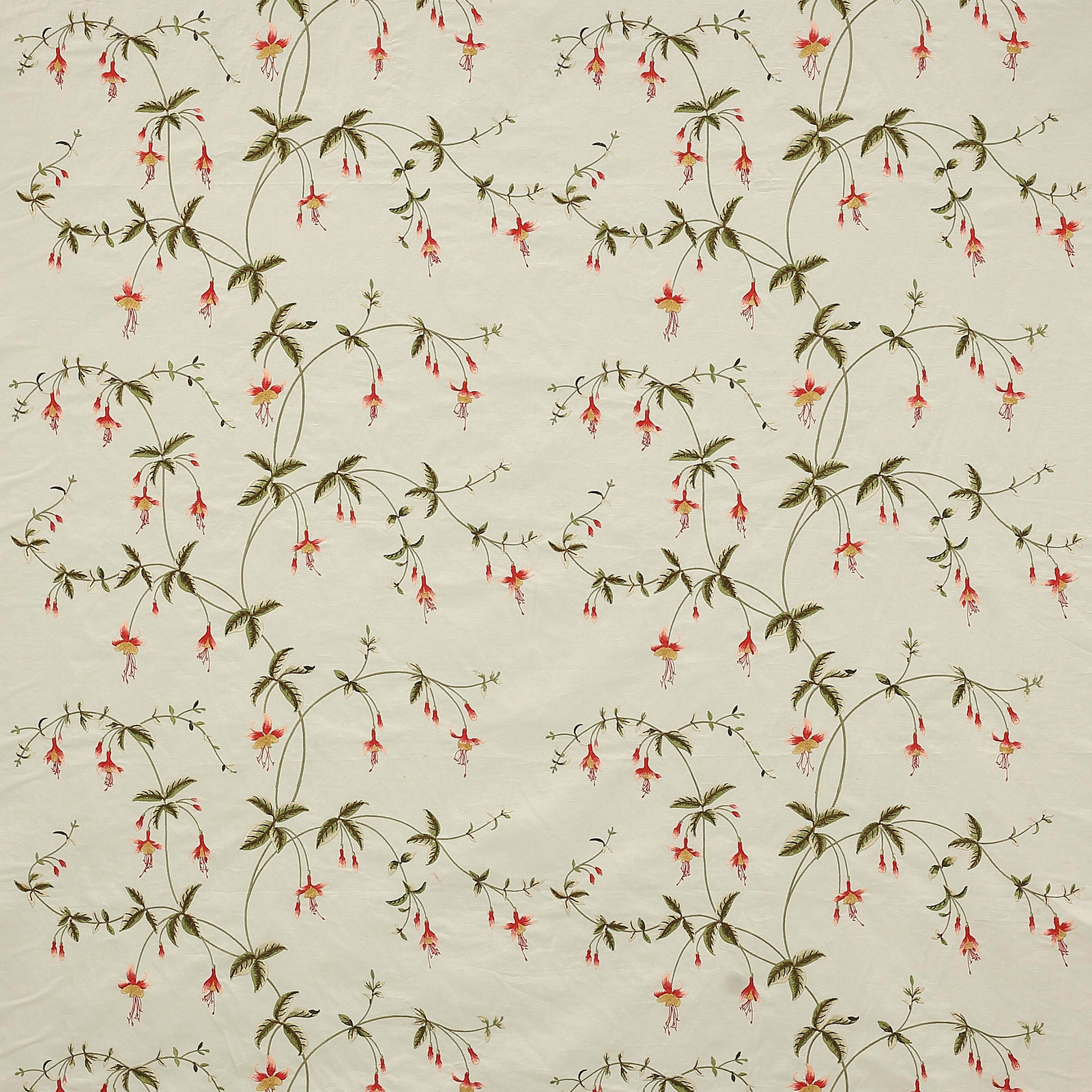 Creamy aqua fabric with trailing olive stems and small coral pink hanging flowers