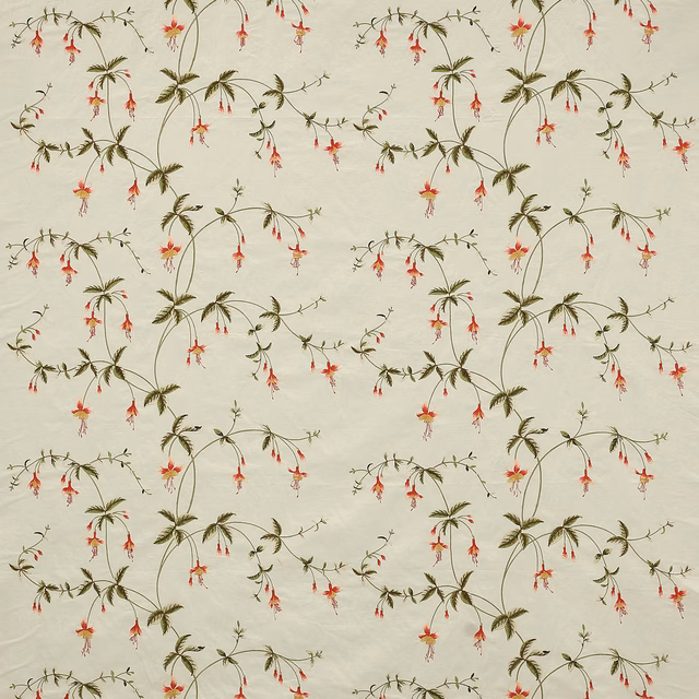 Creamy aqua fabric with trailing olive stems and small coral pink hanging flowers