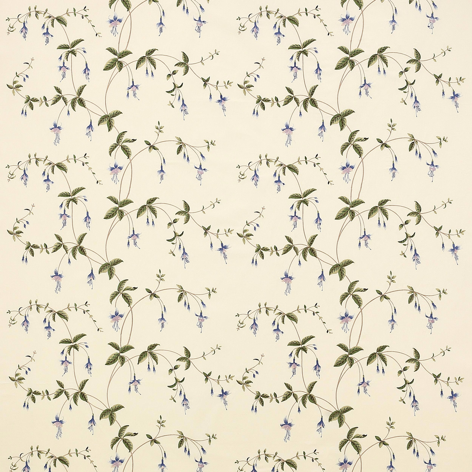 Cream floral fabric with trailing blue flowers and soft green leaves
