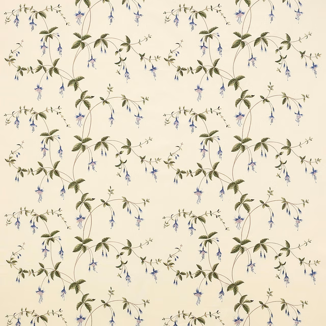 Cream floral fabric with trailing blue flowers and soft green leaves