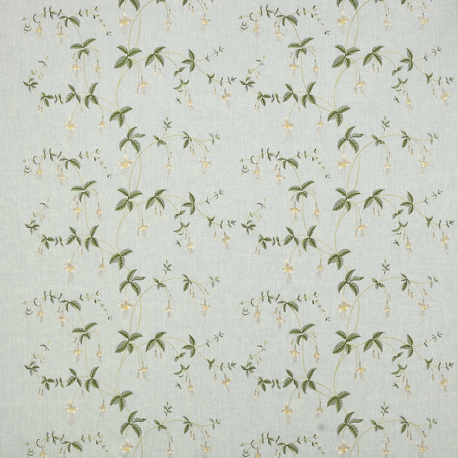 Pale powder-blue floral fabric with trailing green stems and tiny cream blossoms