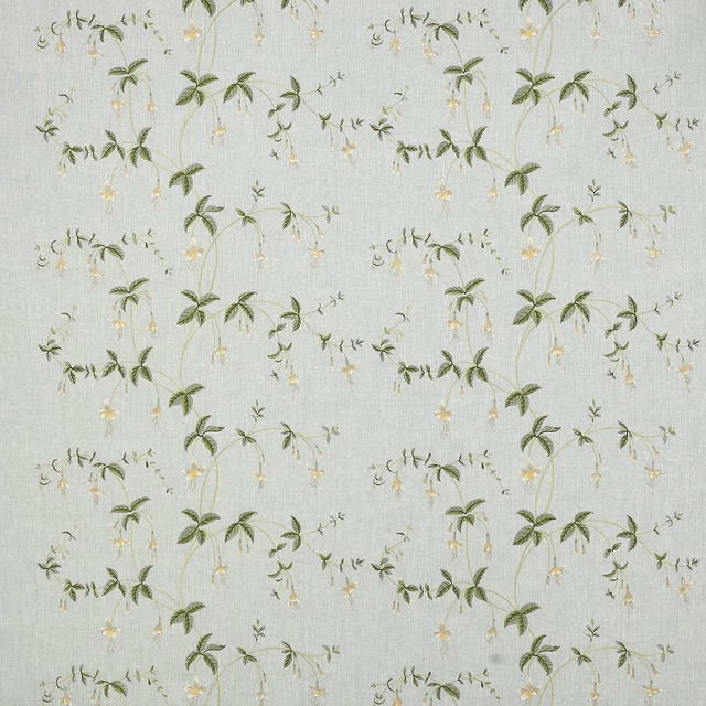 Pale powder-blue floral fabric with trailing green stems and tiny cream blossoms