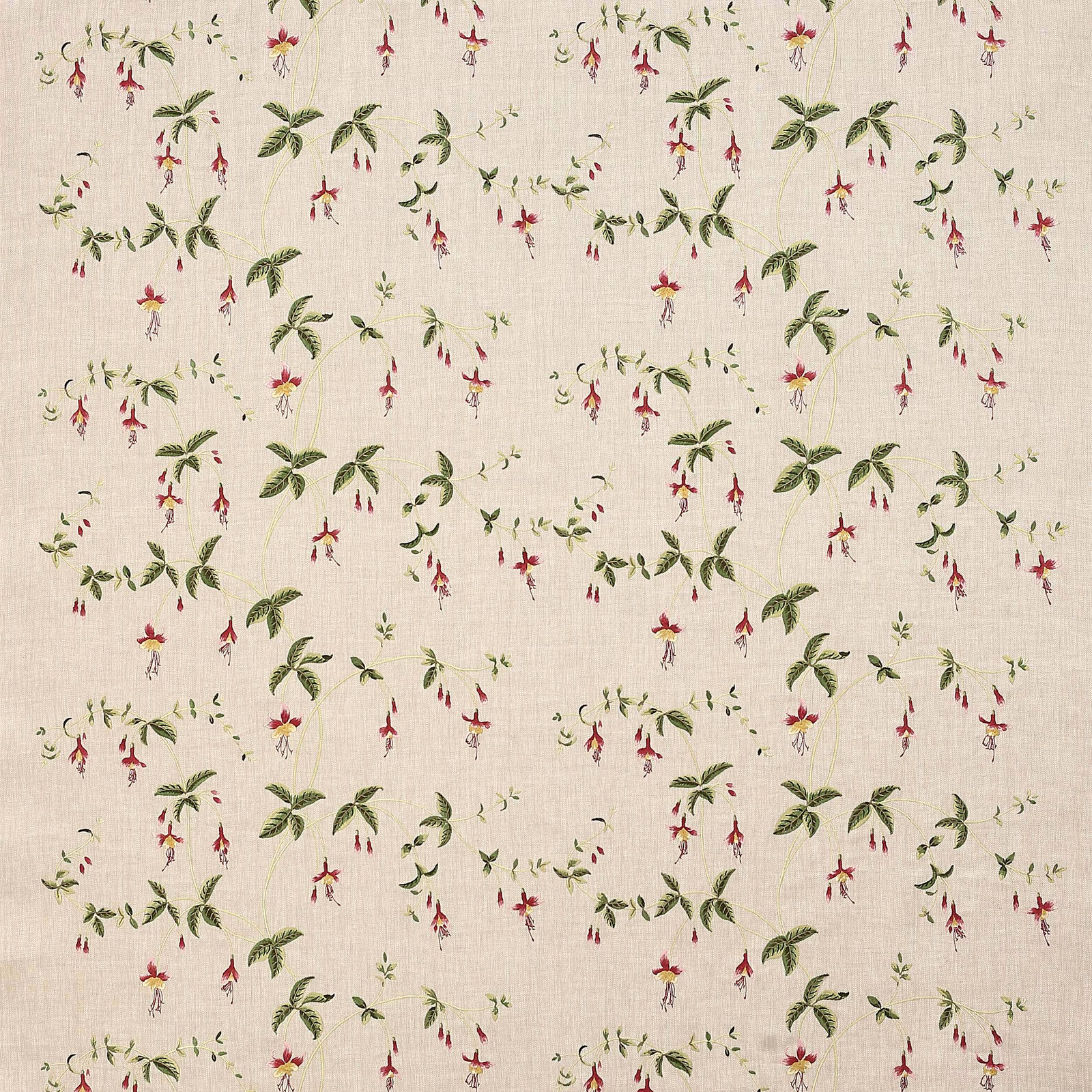 Cream linen-blend fabric with scattered red hanging flowers and green trailing leaves