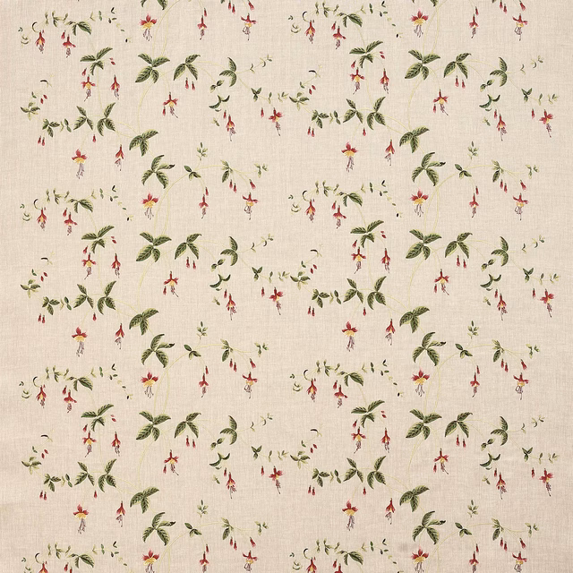 Cream linen-blend fabric with scattered red hanging flowers and green trailing leaves