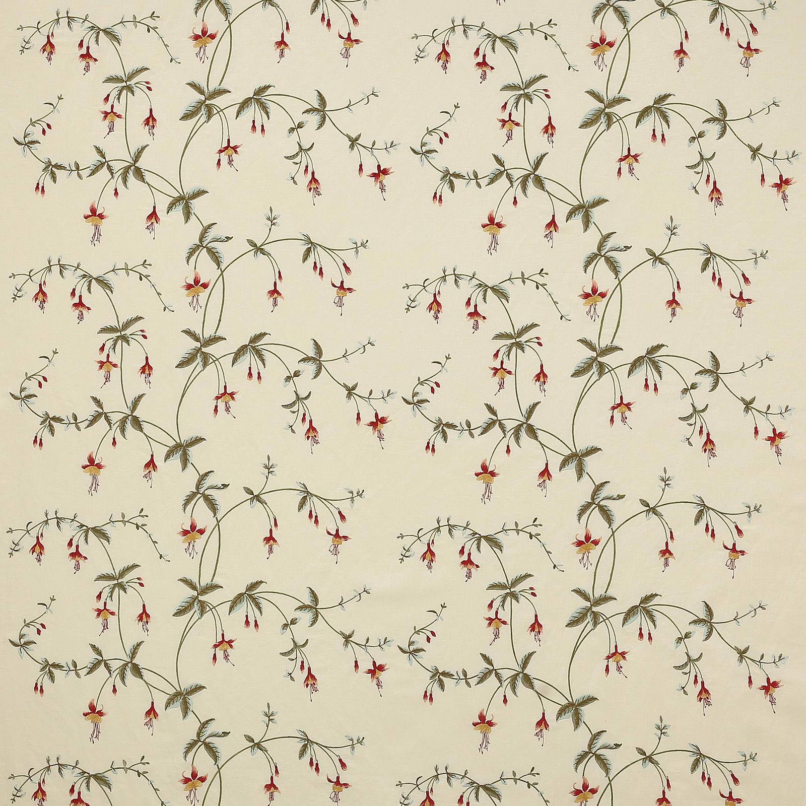 Cream botanical fabric with olive stems and tomato red hanging flowers