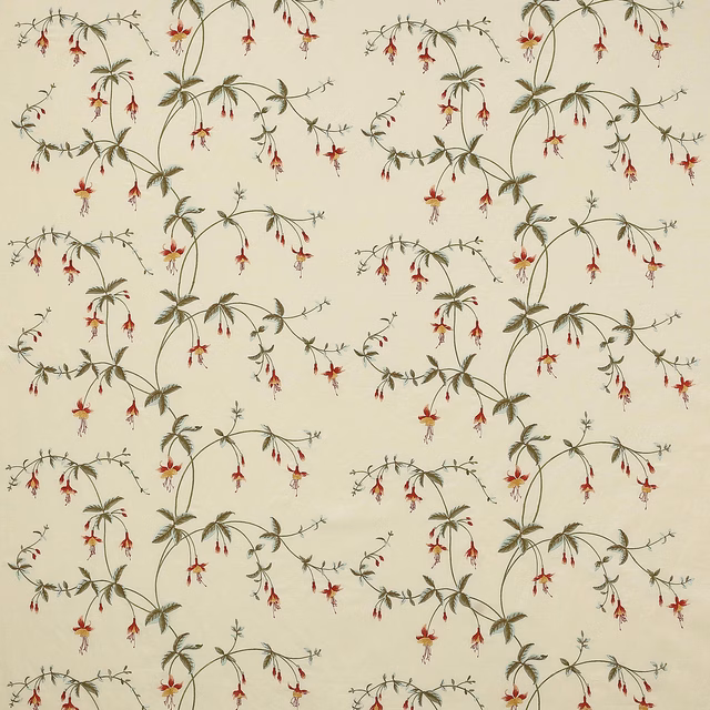 Cream botanical fabric with olive stems and tomato red hanging flowers