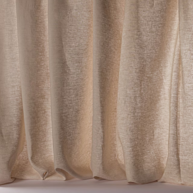 Warm beige linen sheer fabric with soft vertical drape and natural slub texture