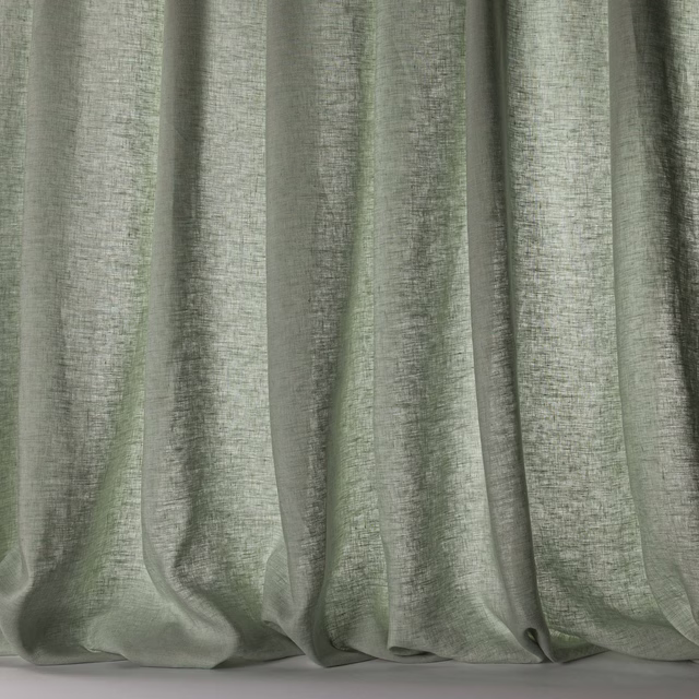 Soft celadon green linen sheer curtain with a fine slubbed weave and gentle folds