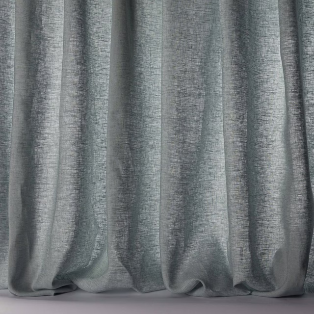 Soft grey-blue linen sheer with a fine slubbed texture and flowing folds