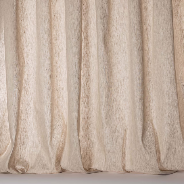 Warm natural sheer curtain fabric with soft linen texture and vertical folds