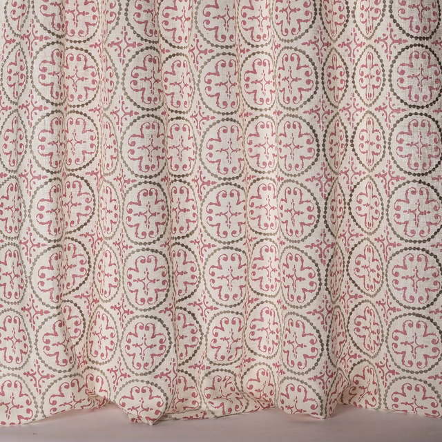 Pink and olive geometric sheer with rounded medallions and a linen texture
