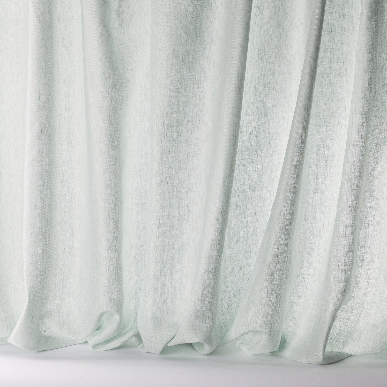 Soft pale aqua linen sheer with a fine, lightly crinkled weave and soft drape