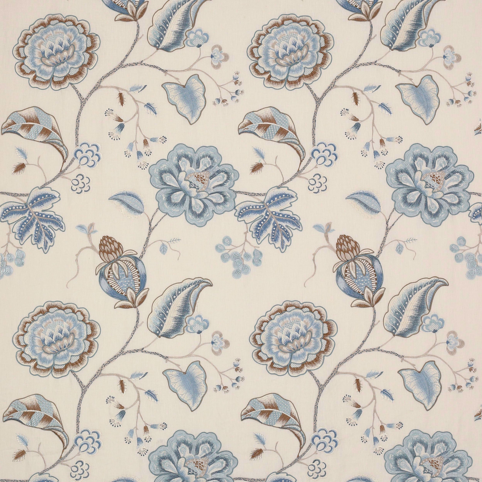 Cream fabric swatch with soft blue floral trail and brown-outlined leaves