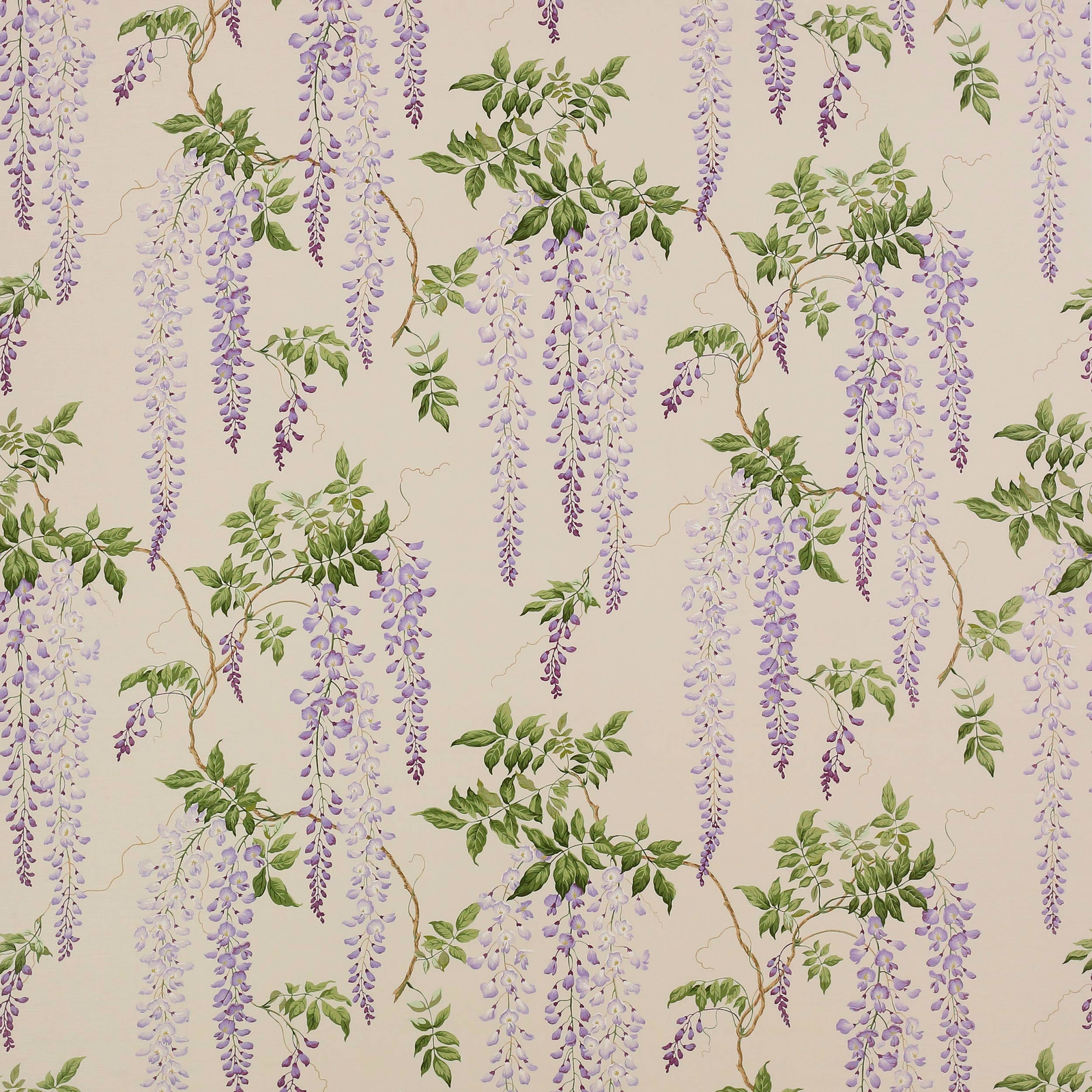 Ivory fabric swatch with cascading lilac wisteria sprays and green leaves