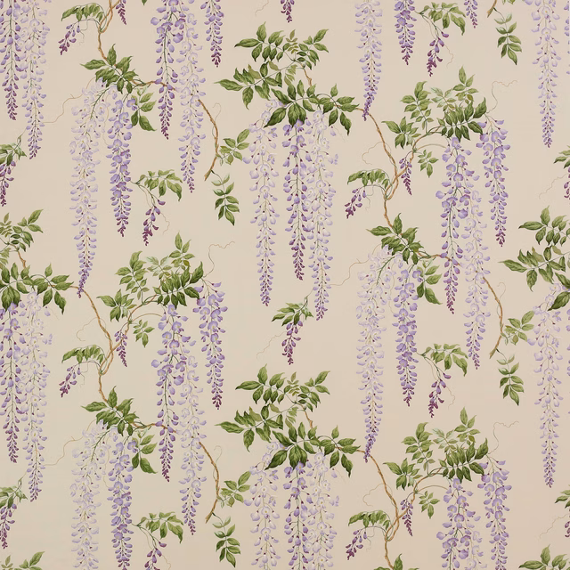 Ivory fabric swatch with cascading lilac wisteria sprays and green leaves