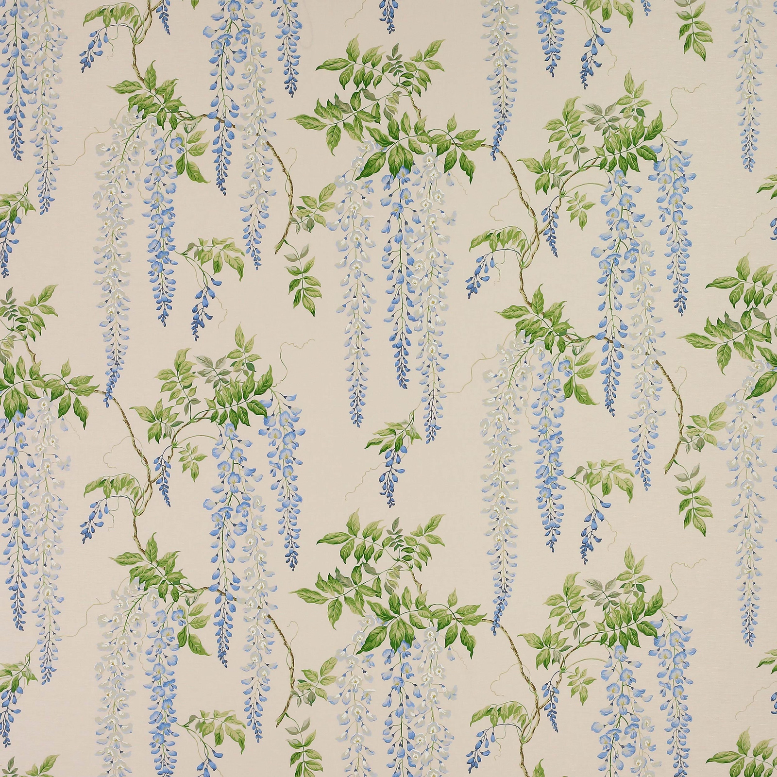 Pale fabric swatch with trailing blue wisteria and green leaves