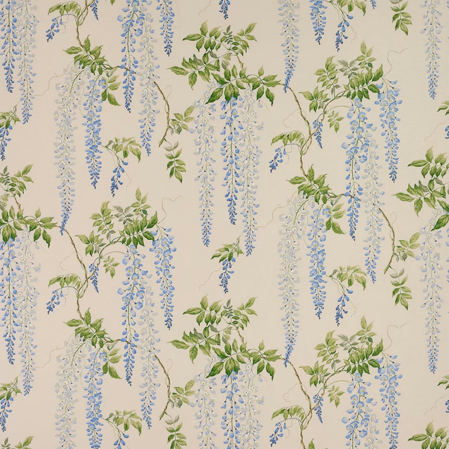 Pale fabric swatch with trailing blue wisteria and green leaves