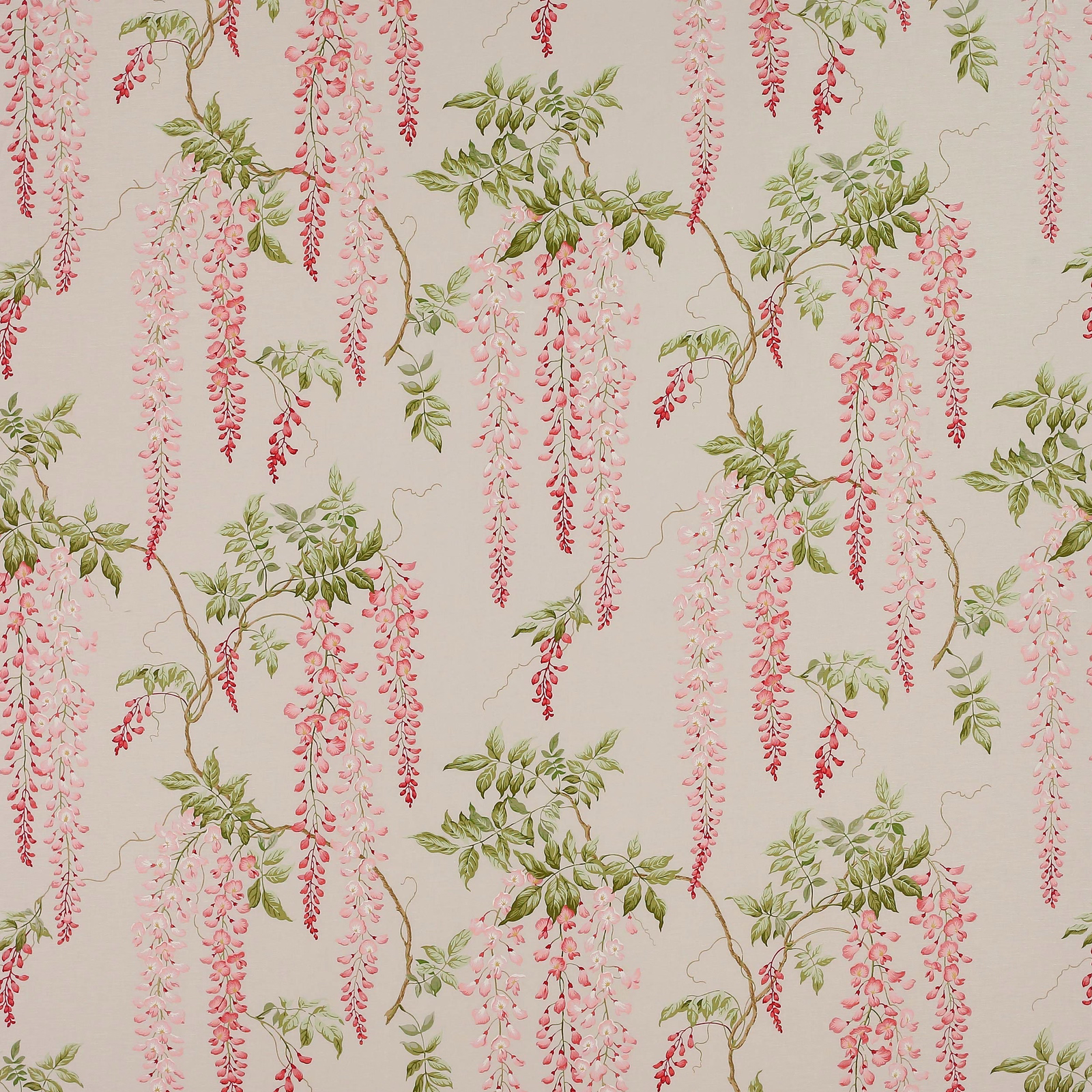 Printed fabric swatch with trailing pink wisteria and green leaves on a pale ground