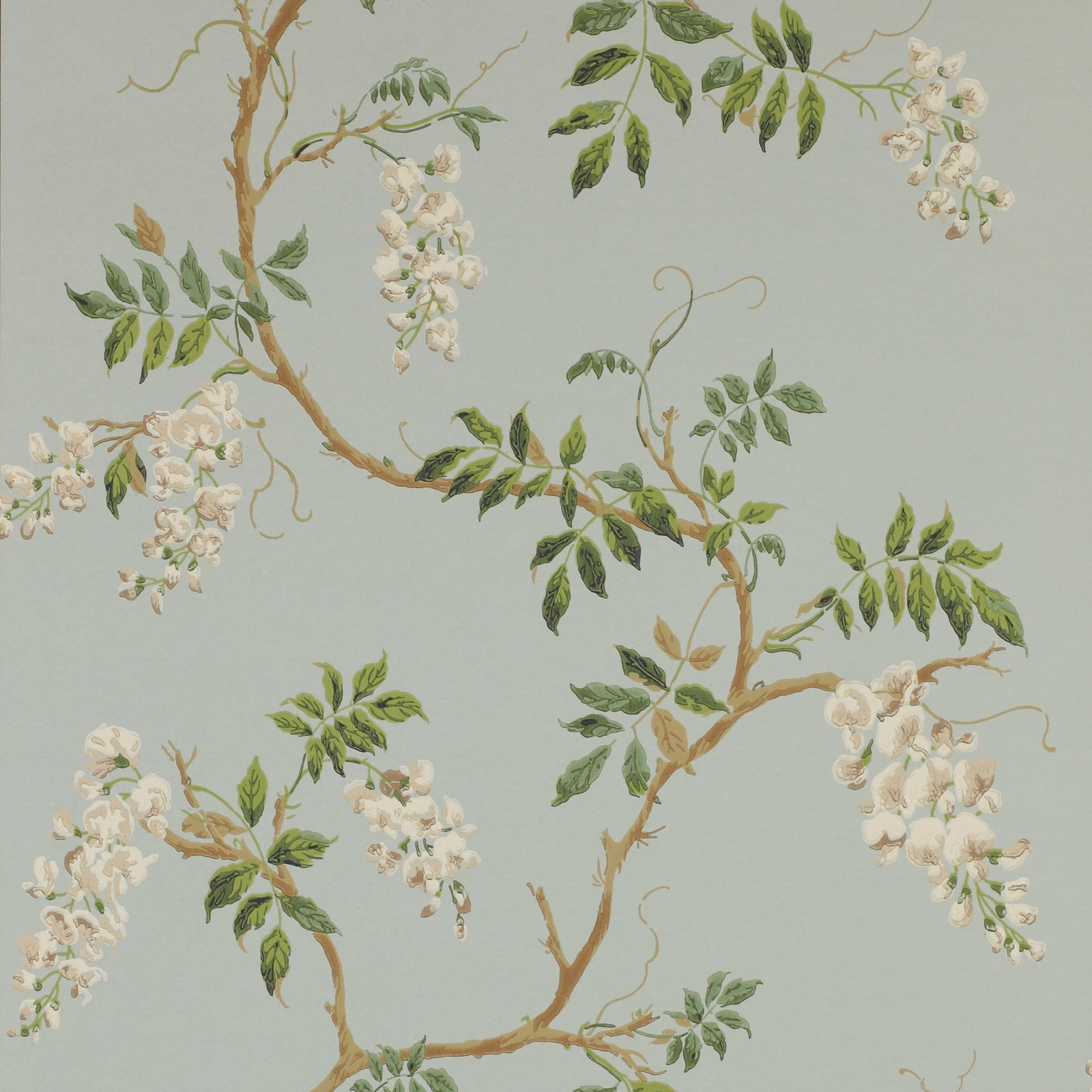 Pale aqua wallpaper with branching brown stems, green leaves and white blossom clusters