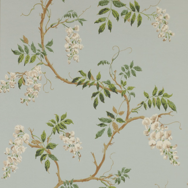 Pale aqua wallpaper with branching brown stems, green leaves and white blossom clusters
