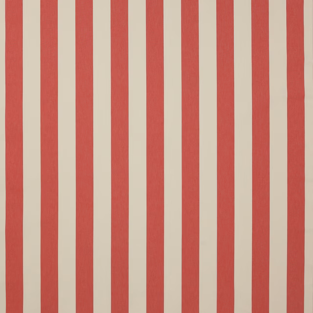 Vertical warm red stripes on a pale cream cotton fabric swatch